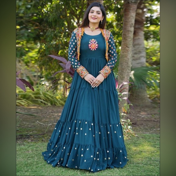 Deep Sea Blue Color Party Wear Gown - Picture 2 of 7